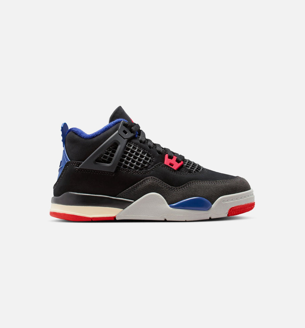 Air Jordan 4 Retro Rare Air 学龄前儿童休闲运动鞋 - 黑色/火焰红/深皇家蓝