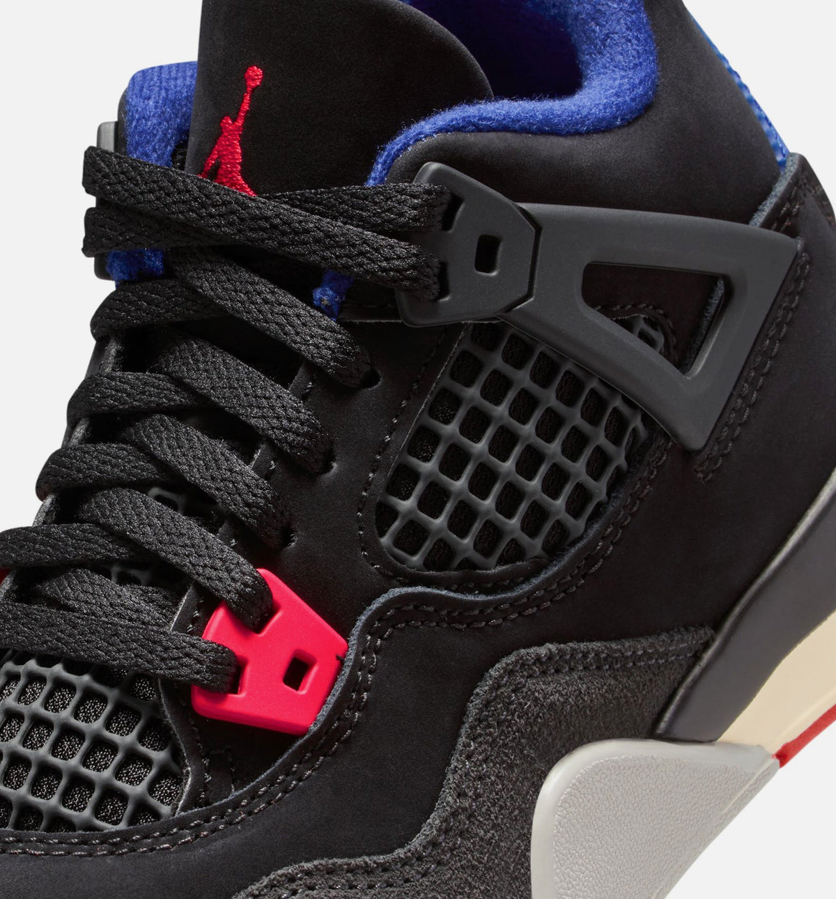 Air Jordan 4 Retro Rare Air 学龄前儿童休闲运动鞋 - 黑色/火焰红/深皇家蓝