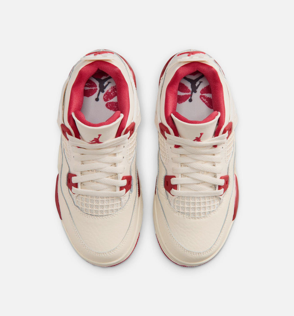 Air Jordan 4 Retro Valentine's Day 学龄前儿童休闲运动鞋 - 浅象牙白/塞拉红/浓红