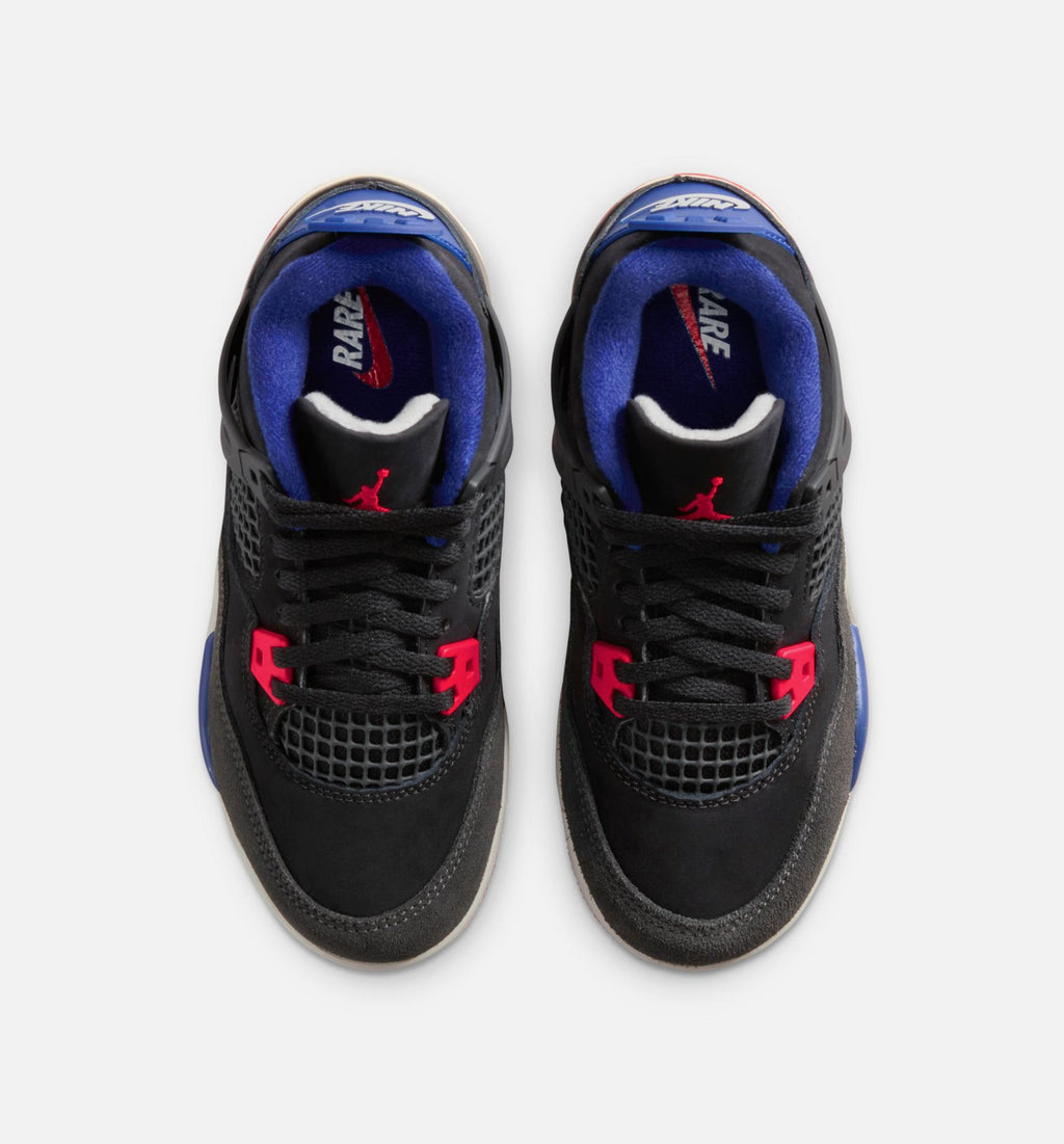 Air Jordan 4 Retro Rare Air 学龄前儿童休闲运动鞋 - 黑色/火焰红/深皇家蓝